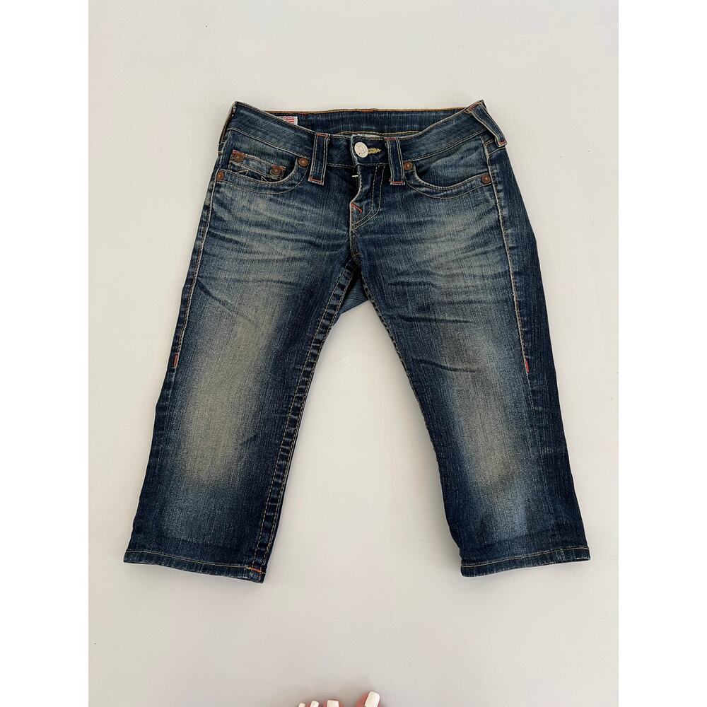 True Religion Low Rise Dark Blue Cropped Jean Shorts Womens 25 Stella READ Y2K